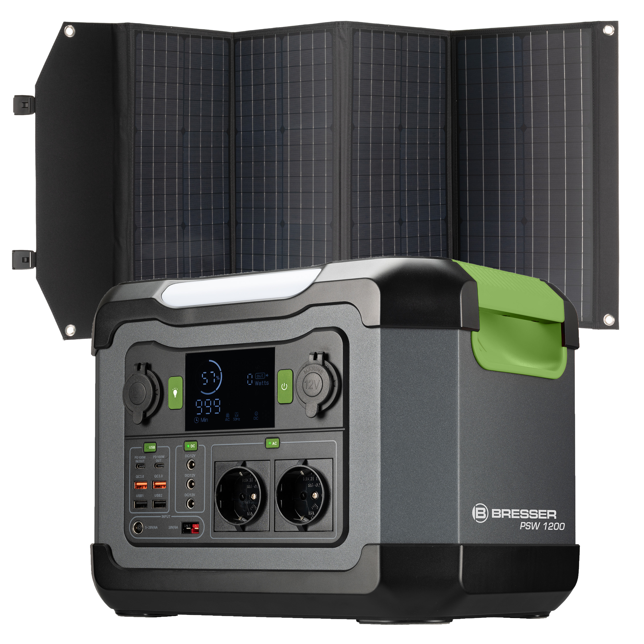 BRESSER Set central eléctrica portátil 1200 W + cargador solar móvil 120 W