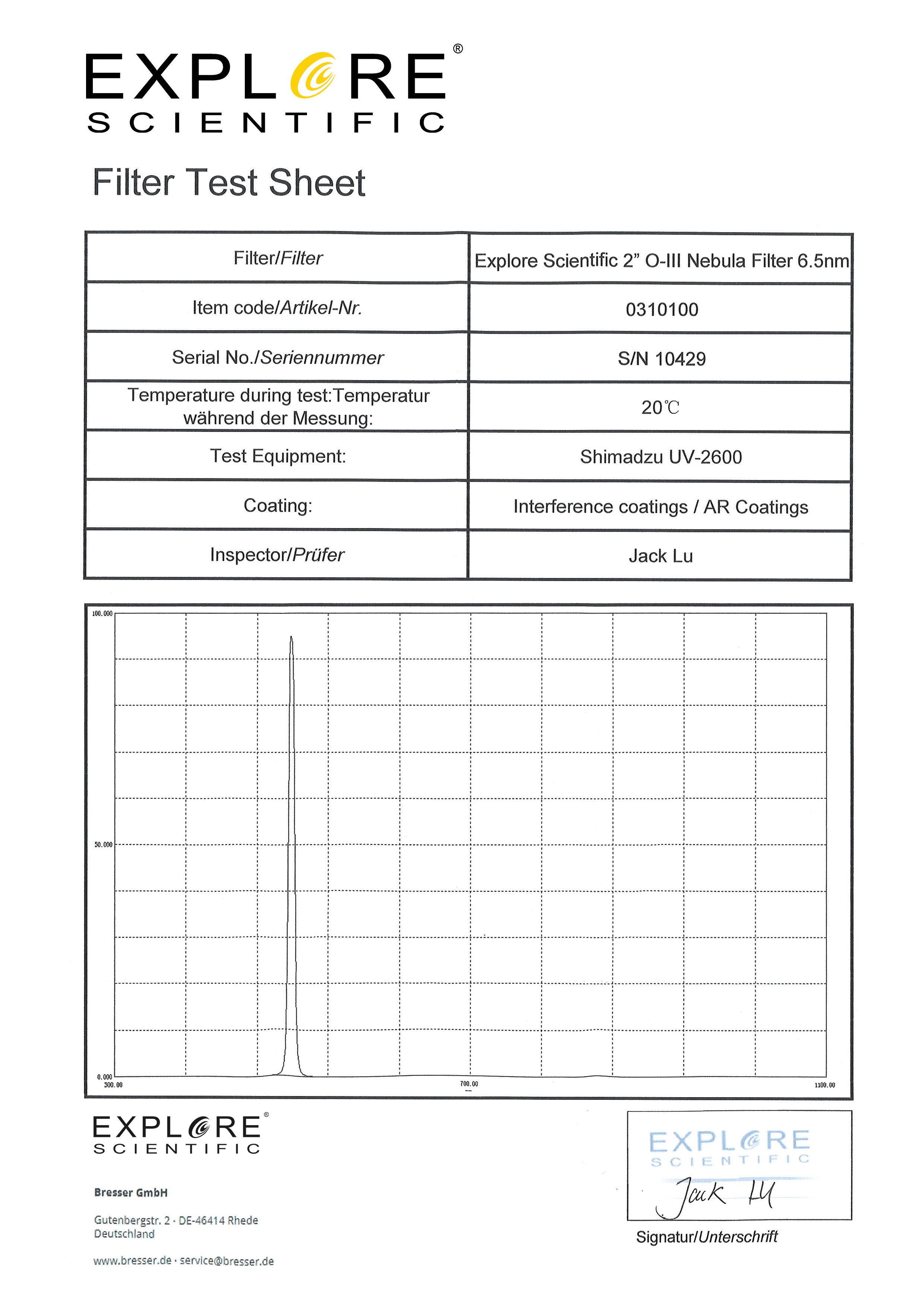 EXPLORE SCIENTIFIC 2" O-III Filtro Nebula  6.5nm