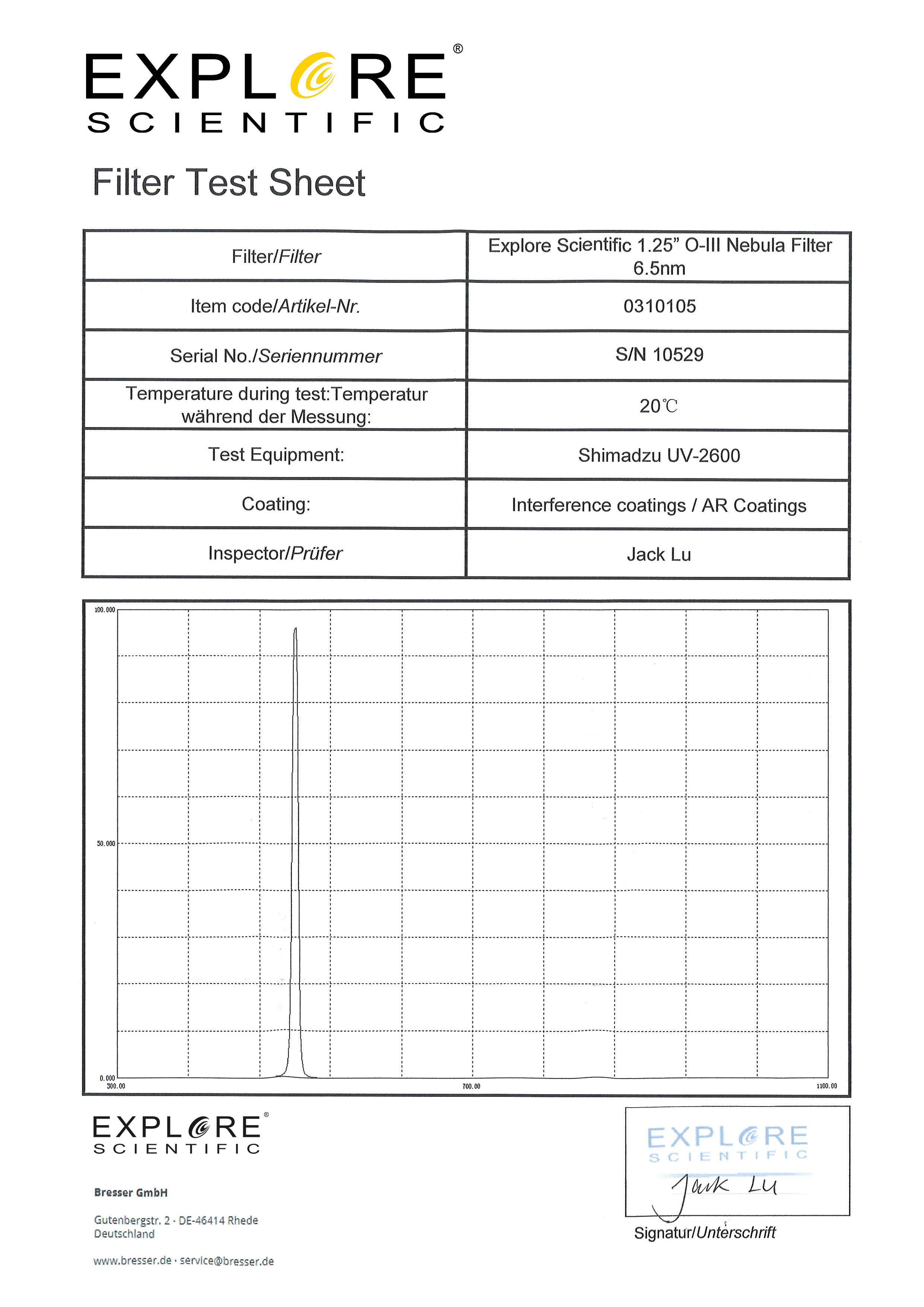 EXPLORE SCIENTIFIC 1.25" O-III Nebula Filter 6.5nm