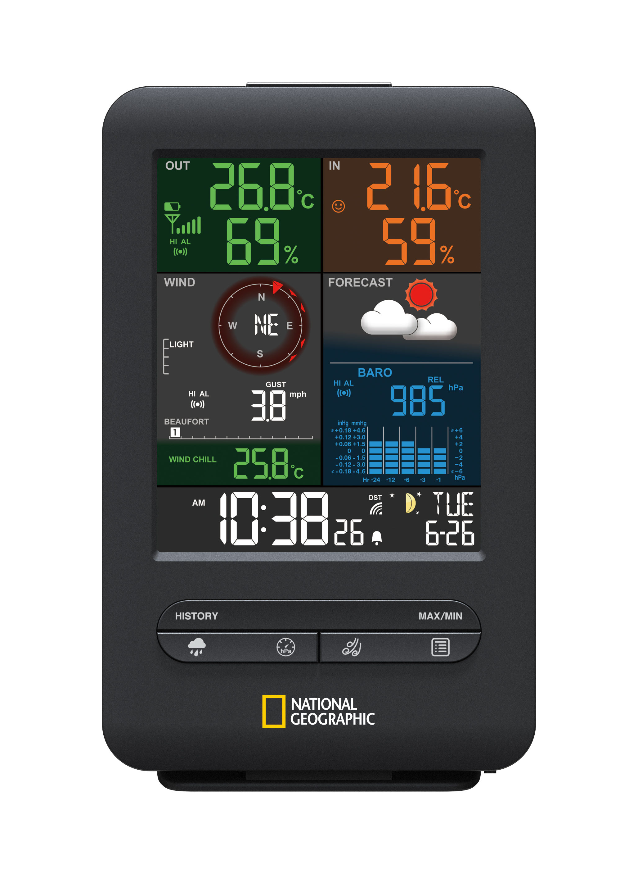 National Geographic - Estación meteorológica para interiores y exteriores  con pantalla a color de visión ancha con pronóstico de temperatura y