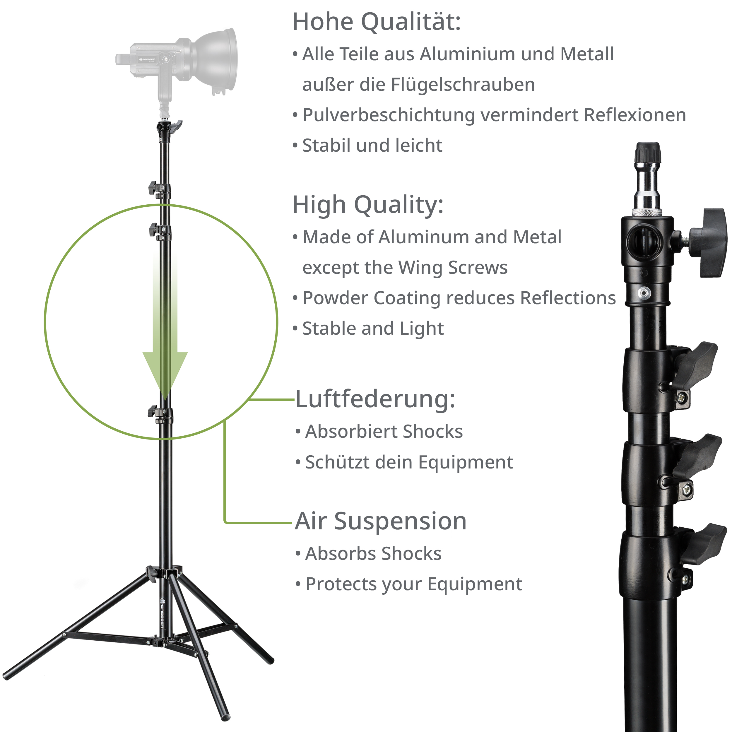 ​BRESSER BR-TP240 Pie de Estudio de aluminio de 240 cm con sistema de suspensión neumática